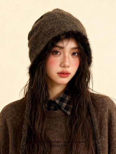 Women Winter Fleece Beanies Hat with Ear Flaps Soft Warm Crochet Skull Cap - color: B Coffee
