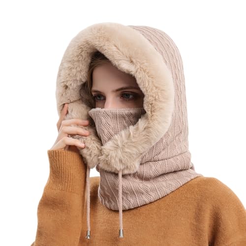 Womens Winter Hats, Warm Hooded Scarf Hat for Women, Fleece Beanie Hat with Drawstring, Balaclava Knit Skull Cap - color: Beige