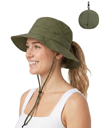 Womens Ponytail Sun Hat UPF50+ Waterproof Bucket Hat Packable Beach Hat - color: Army Green