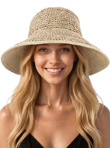 Sun Hats for Women, Summer Beach Straw Wide Brim Bucket Hat - color: Beige, size: X-Large