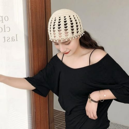 Crochet Hat Cap Cute Summer Beanies with Pearl Decor Boho Knit Mesh Hat - color: Brown Pearl