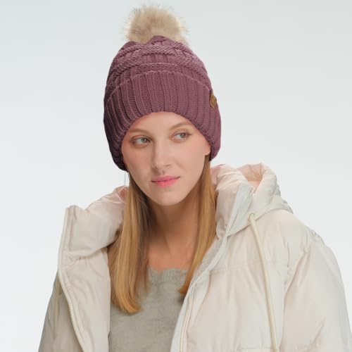 C.C Knit Beanie Hat – Fuzzy Fleece Lined Warm Winter Hat, Faux Fur Pom Soft Stretchy Slouchy Knit Cap, Cold Weather Beanie - color: Coco Berry