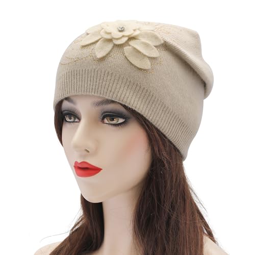 ZLYC Women Floral Slouchy Beanie Hat Double Layer Winter Knit Skull Cap - color: Flower Beige
