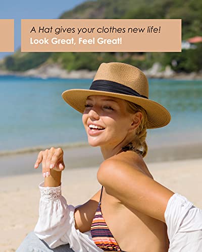 FURTALK Womens Mens Wide Brim Straw Panama Hat Fedora Summer Beach Sun Hat - color: Brown, size: Medium-Large
