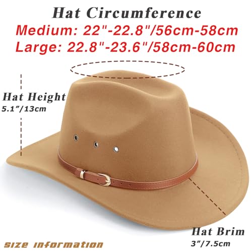 DRESHOW Western Cowboy Hat for Men Women Cowboy Cowgirl Hat Outdoor Wide Brim Retro Felt Fedora Hats Unisex Rolled up Caps - color: 1 Pack Style 5: Camel