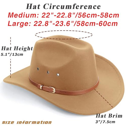 DRESHOW Western Cowboy Hat for Men Women Cowboy Cowgirl Hat Outdoor Wide Brim Retro Felt Fedora Hats Unisex Rolled up Caps - color: 1 Pack Style 5: Camel