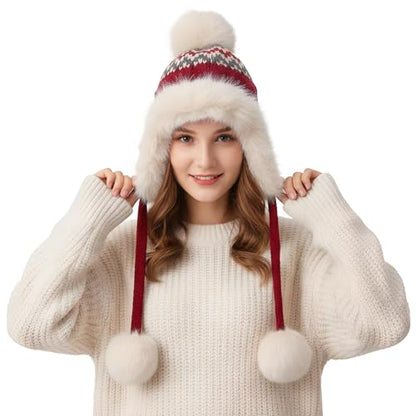 Women Winter Warm Knit Beanie Earflap Hat with Pompom Plush Lined Russian Ushanka Trapper Hat Thermal Windproof Ski Snow Cap - color: Red