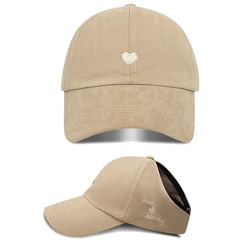 Sun Visor for Women High Ponytail Sun Hats Sports Running Heart Embroidered Veelcro Golf Beach Cap - color: Khaki