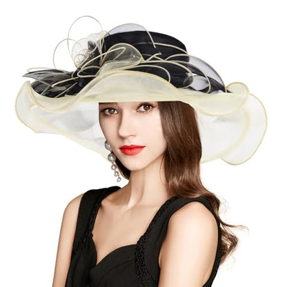 2026 Derby Hats for Women Ladies, Classy Organza Sun Hat, Church Tea Party Wedding Kentucky Fascinator Hat - color: J-2462-black Gold