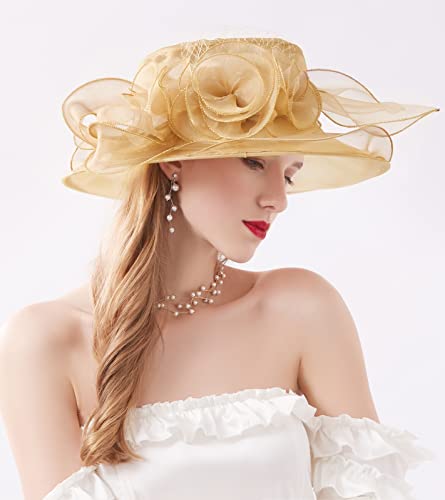 Women Derby Fascinator Hat Organza Church Wedding Hats Wide Brim Cocktail Tea Party Hat - color: 12 Gold
