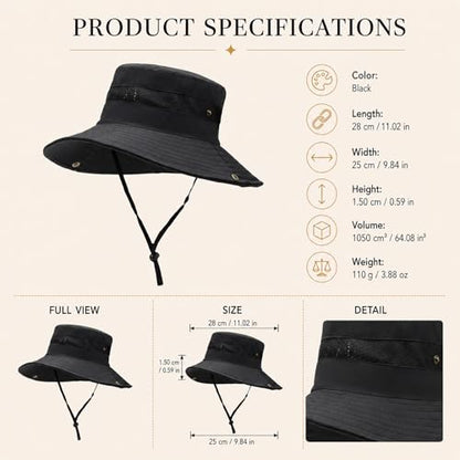 Sun Hats for Women Outdoor Breathable Wide Brim Hat Mesh Ponytail Hole Bucket Hat - color: Black