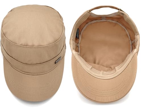 Initlove Cadet Army Cap Military Unisex Flat Top Hat for Men Women - color: Beige