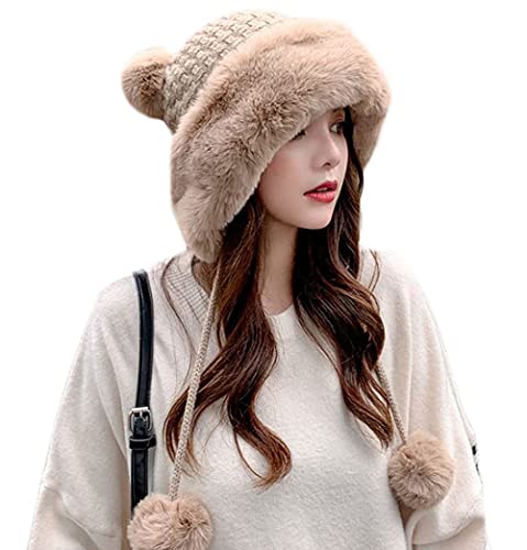Winter Pompom Beanie Hats Women Knit Womens Beanie Faux Fur Crochet Skull Cap Warm Bucket Outdoor Ear Cover - color: Khaki