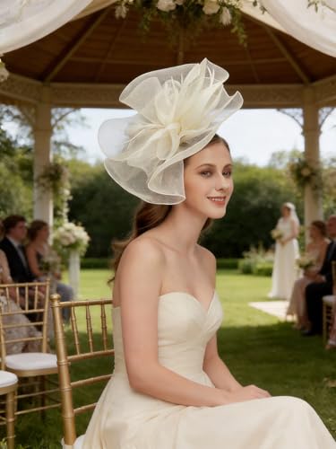 Z&X Sinamay Fascinator Hat Floral Feather Pillbox Derby Hats for Women Wedding Tea Party with Headband Clip - color: 006b Beige