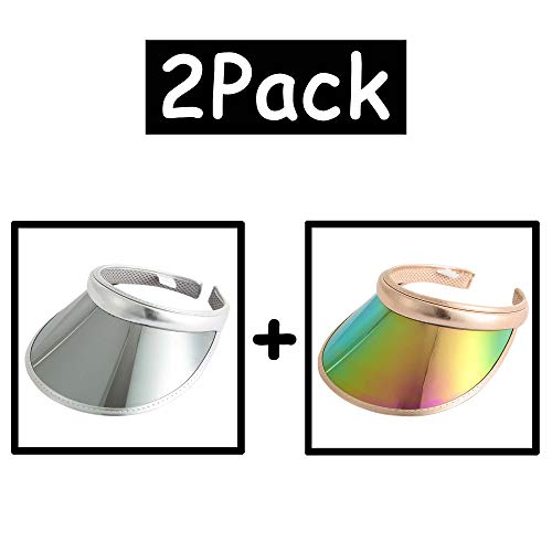 2 Pack Sun Visor Hats Women Men Clip-on Iridescent Clear Sport Outdoor Cap - color: 2pack ,Gold Silver