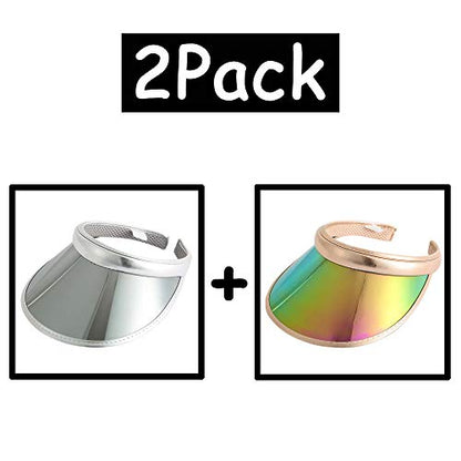 2 Pack Sun Visor Hats Women Men Clip-on Iridescent Clear Sport Outdoor Cap - color: 2pack ,Gold Silver