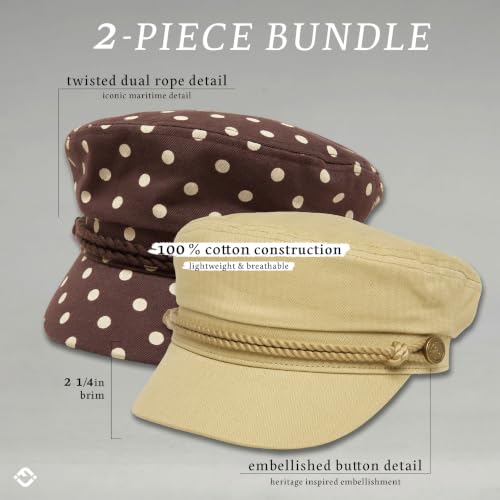 Funky Junque Greek Fisherman Newsboy Cap, Cotton Captains Bakerboy Hat - color: 2 Pack - Polka Dots - Brown & Solid Khaki
