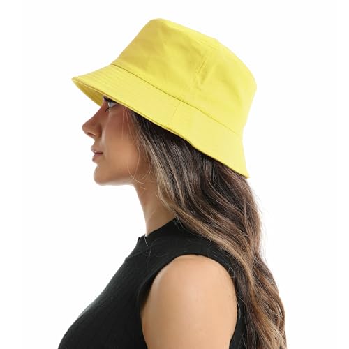 Wheebo Solid Color Bucket Hat for Women Summer Beach Fishmen Hat for Lady Adult Unisex Cotton Cap…… - color: A-sc-yellow