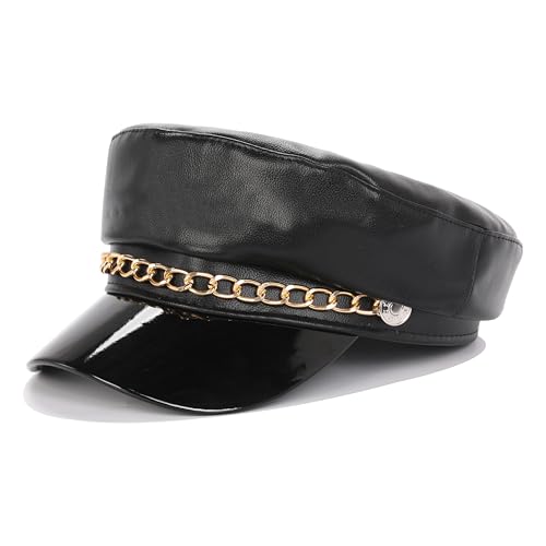 Women's Yacht Captain Sailor Hat, PU Material Newsboy Hat, Stylish Biker Hat, Baker Boy Hat, Peaked Beret - color: Black With Chain