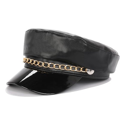 Women's Yacht Captain Sailor Hat, PU Material Newsboy Hat, Stylish Biker Hat, Baker Boy Hat, Peaked Beret - color: Black With Chain
