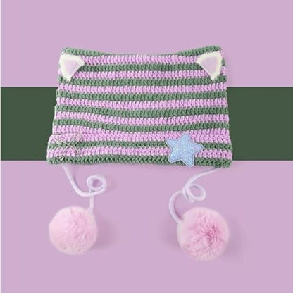 Women Kawaii Cat Ear Beanie Hat with Star Pom Poms Y2K Cute Crochet Goth Grunge Emo Alt Accessories Knit Slouchy Hat - color: Purple Green