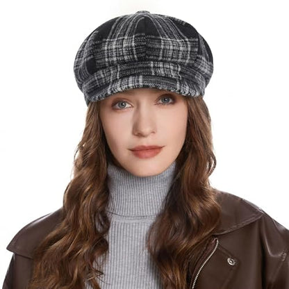 ZLYC Women Classic Newsboy Cap Visor 8 Panel Gatsby Cabbie Paperboy Hat - color: Tartan Plaid Black