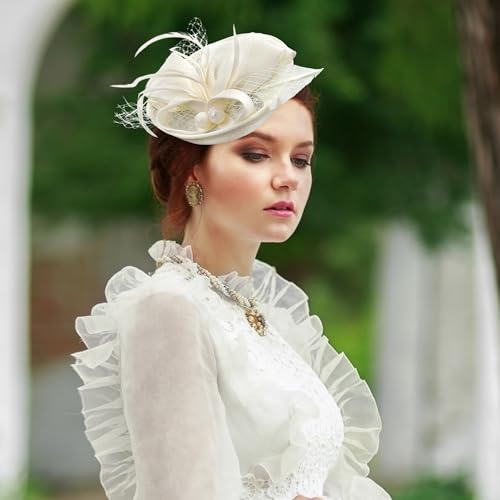 Zinniday Fascinator Tea Party Hat - 2026 Derby Pillbox Kentucky Hat for Women (7.87x5.9inch) - color: Off-white