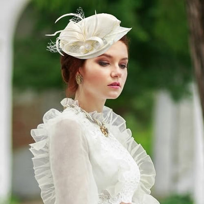 Zinniday Fascinator Tea Party Hat - 2026 Derby Pillbox Kentucky Hat for Women (7.87x5.9inch) - color: Off-white