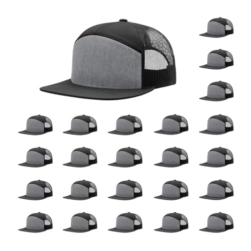 Richardson 168 Hi-Pro 7 Panel Adjustable Snapback Trucker Mesh Back Cap - color: Heather Grey/Black