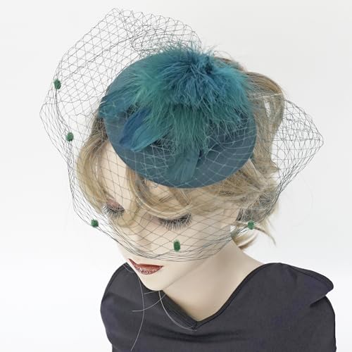 HIWIND Fascinators Hat Women Tea Party Pillbox Veil Cocktail Mesh Hat - color: Green