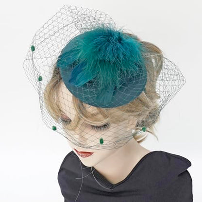 HIWIND Fascinators Hat Women Tea Party Pillbox Veil Cocktail Mesh Hat - color: Green