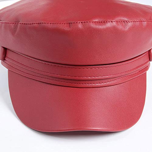 Women Button Strap PU Leather Flat Top Newsboy Paperboy Hat Painter Cap - color: Red