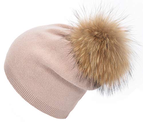 Women's Winter Double Layer Slouchy Beanie with Genuine Raccoon Fur Pom Pom - color: Dusty Pink