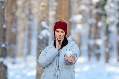 Funky Junque Cozy Ribbed Beanie with Luxurious Faux Fur Pom Pom - Warm Cable Knit Winter Skull Cap - color: Burgundy W/Natural Pom