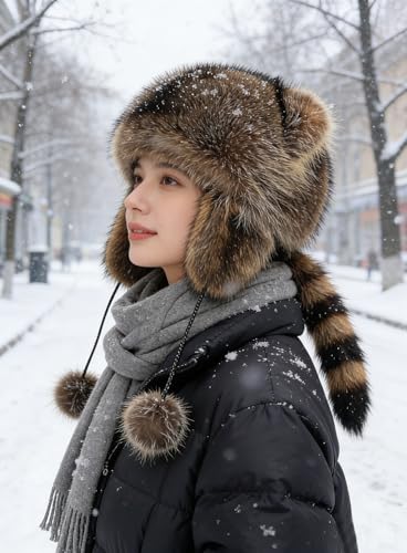 Raccoon Tail Parent-Child Plush Hat Warm Faux Fur Animal Hat with Tail - color: Kid Style(for 10-15 Year )