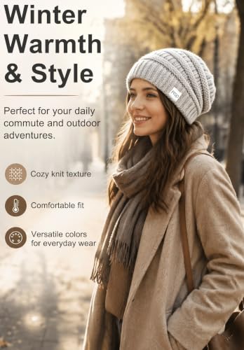 FEQO 6 Pack Satin Lined Beanies Slouchy Beanie Oversized Cable Knit Caps - color: Black, Light Grey, Beige, Oatmeal, White, Pink