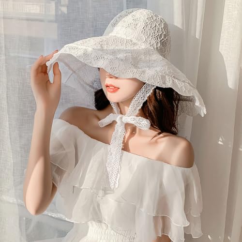 Women Lace Beach Church Sun Hat Wide Brim Travel Bucket Fishing Hat - color: White