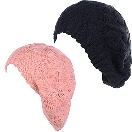 BYOS Women Mid-Weight Slouchy Leafy Cutout Crochet Soft Knit French Beret Hat - color: 2-pack-pink & Bk