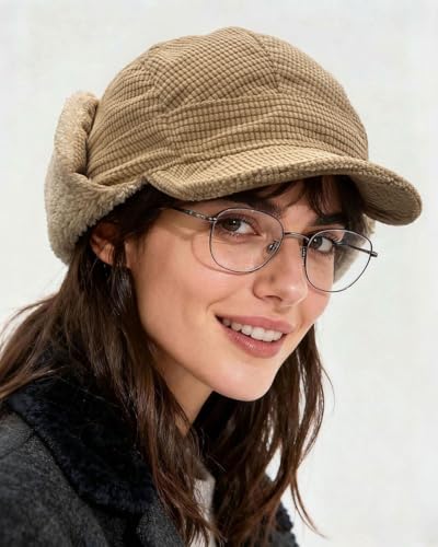CLAPE Winter Hat with Ear Flap, Sherpa Fleece Lined Warm Adjustable Drawstring Soft Brim Trapper Hat for Men Women - color: Pl2505-khaki