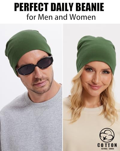 Thin 100% Cotton Fine-Knit Beanie Hat Slouchy Soft Chemo Skull Cap - color: 1-army Green