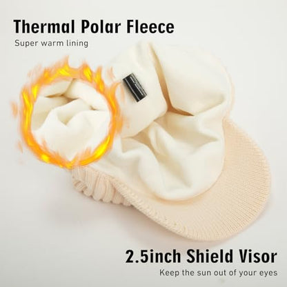TOP-EX DryKnit™ 80% Merino Wool Waterproof Warm Brim Beanie with Ear Flaps - color: Beige, size: Medium-Large