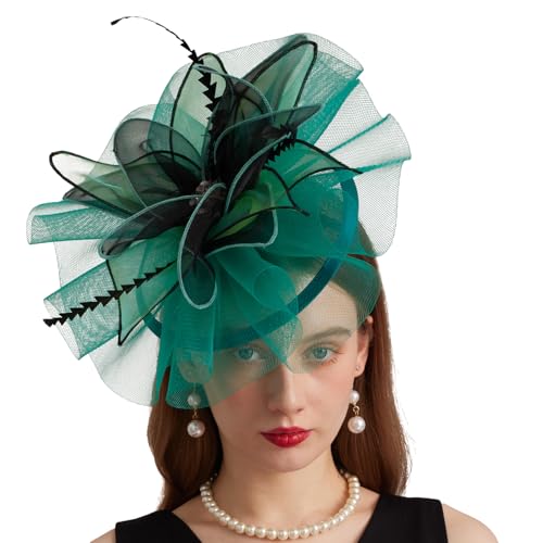 Women Organza Church Derby Hat Wide Brim Sun Caps for Wedding Tea Party Hat with Detachable hat Flower as Headgear - color: 10-green