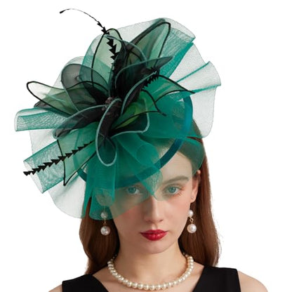 Women Organza Church Derby Hat Wide Brim Sun Caps for Wedding Tea Party Hat with Detachable hat Flower as Headgear - color: 10-green