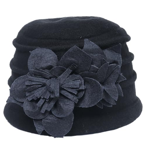 Women's Wool Dress Church Cloche Hat Bucket Winter Floral Hat - color: Floral-navy