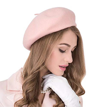 Gllutt Women Wool Beret Hat French Style Solid Color - color: Pink