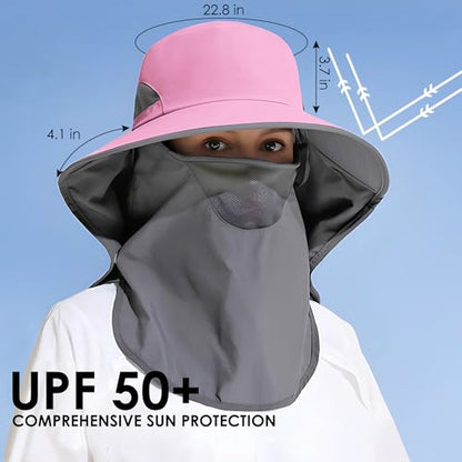Outdoor Sun Hat Detachable Neck Face Flap UPF 50+UV Protection Visor Fishing Hats with Neck Flap for Men & Women - color: Pink