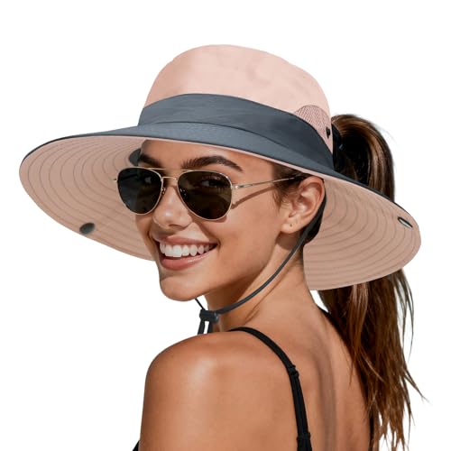 PFFY Sun Beach Hats for Women Men Wide Brim Fishing Bucket Hat - color: Pink/Grey
