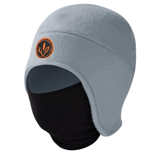 BASSDASH Unisex Soft Fleece 2-in-1 Hat with Mask Ear Flap - color: Light Grey