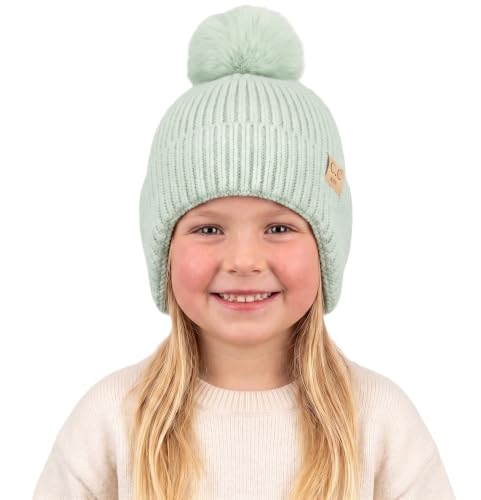 C.C Kids Ear Flap Fur Pom Beanie for Boys Girls - Comfortable Soft Warm Children Youth Knit Skully Hat with Faux Fur Pom - color: Single Pom - Sage