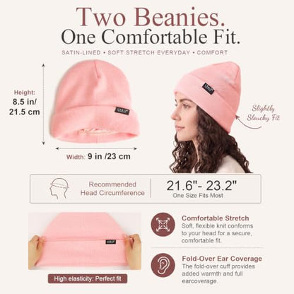 2 Pack Satin Lined Beanies for Men and Women Warm Cuffed Winter Hats - color: Black+pink